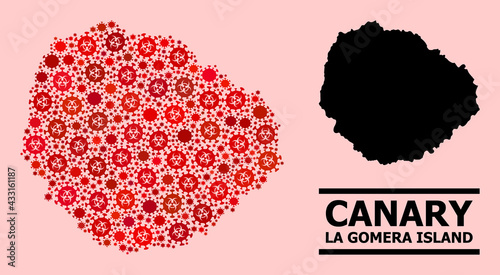 Vector covid-2019 mosaic map of La Gomera Island designed for medicare applications. Red mosaic map of La Gomera Island is organized with biological hazard coronavirus pathogen items.