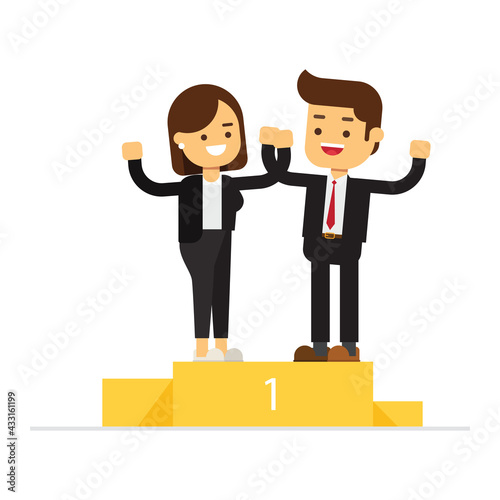 happy businessmen and business woman standing on the winning podium