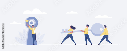 Tiny people carrying key to open padlock  Vector illustration.