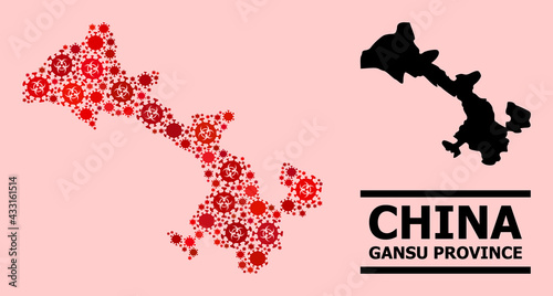 Vector covid-2019 mosaic map of Gansu Province organized for medicare wallpapers. Red mosaic map of Gansu Province is created from biohazard covid-2019 pathogen icons.