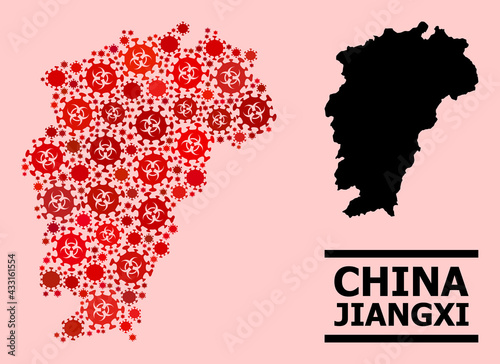 Vector covid mosaic Map of Jiangxi Province created for medicare applications. Red mosaic Map of Jiangxi Province is composed with biological hazard covid viral elements.