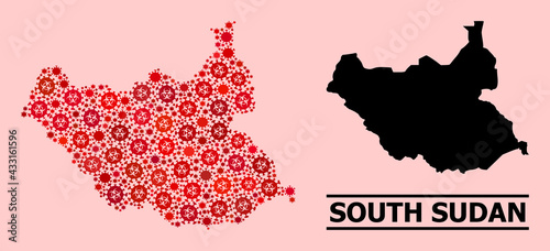 Vector covid-2019 composition map of South Sudan constructed for lockdown posters. Red mosaic map of South Sudan is composed of biohazard covid-2019 pathogen parts.