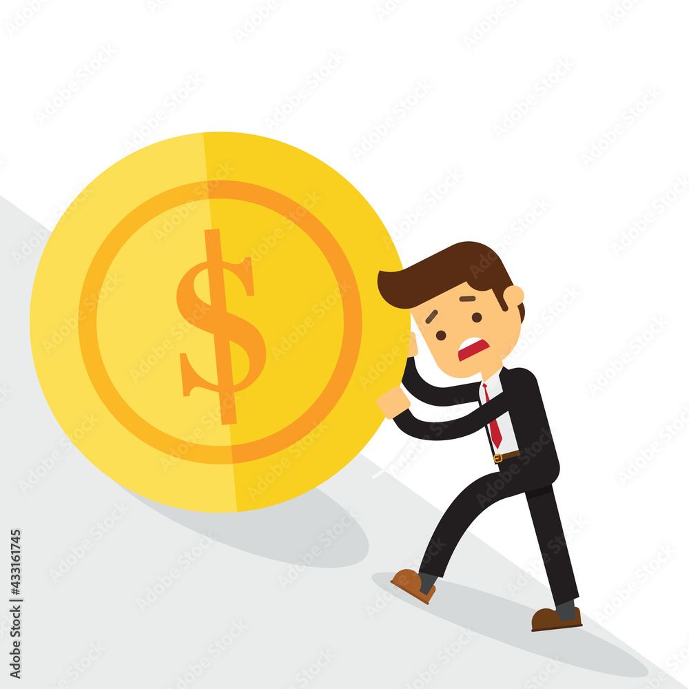 Business man pushing a money with dollar sign up hill Business man pushing a money with dollar sign up hill