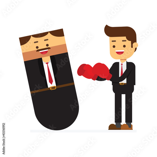 Business man in boxing gloves having a fight with boss