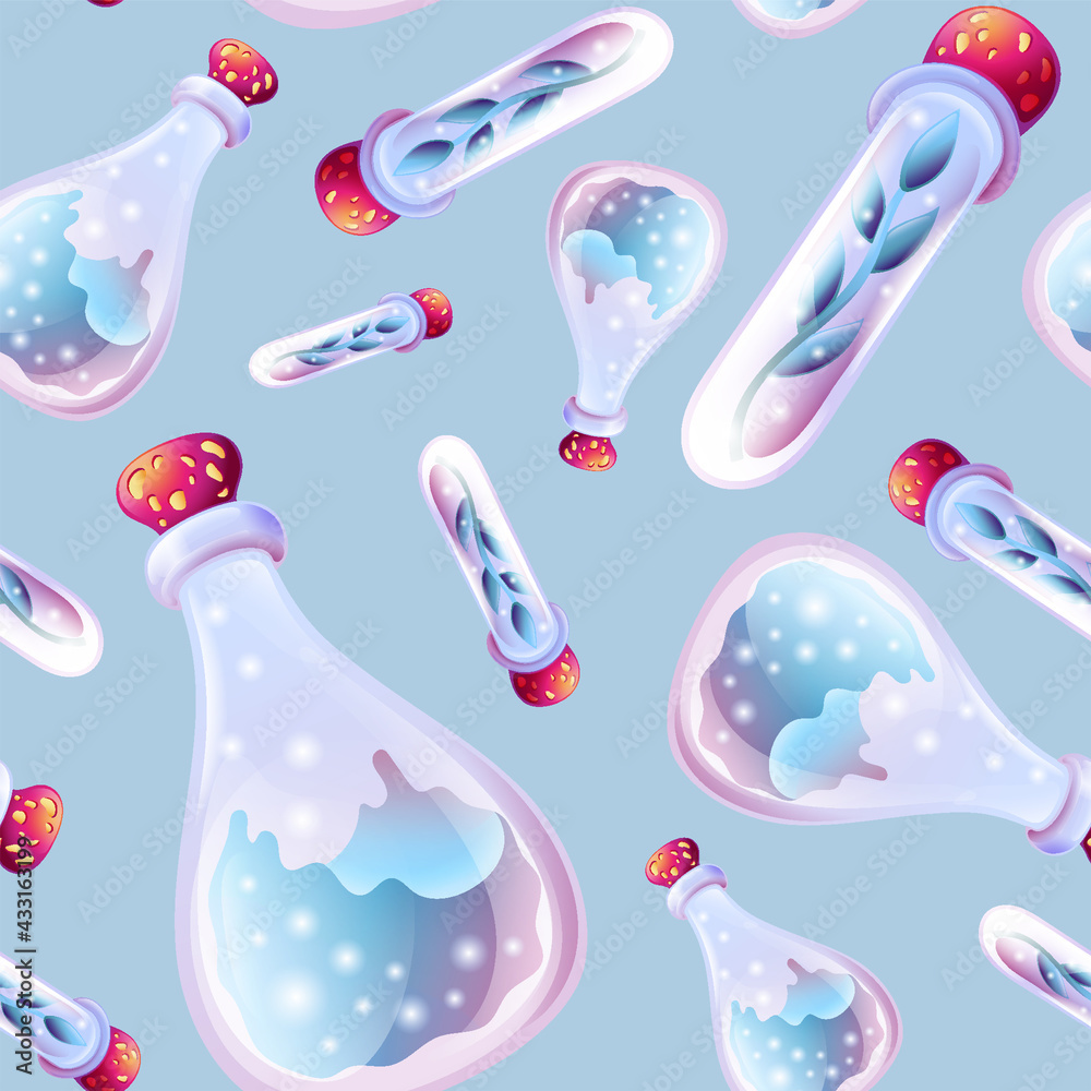 Magic potion tubes and bottles vector seamless pattern. background of
