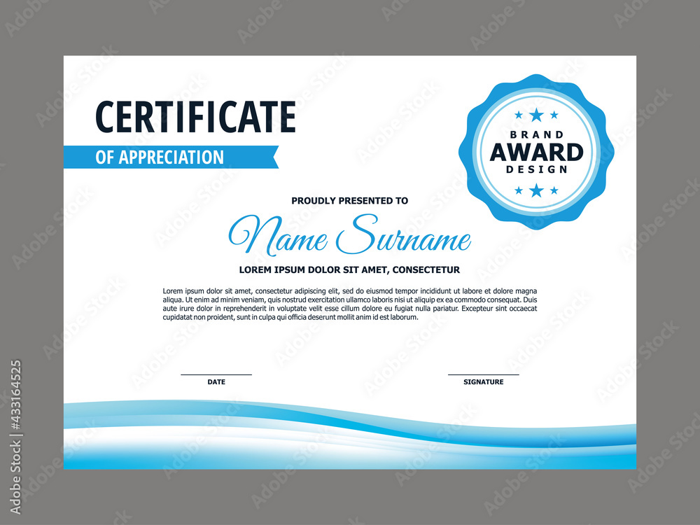Obraz premium Abstract Smooth Certificate with Fresh Blue Wave Element Design, Professional, Modern, Elegant Certificate with Soft Blue Mesh Gradient Background Template Vector
