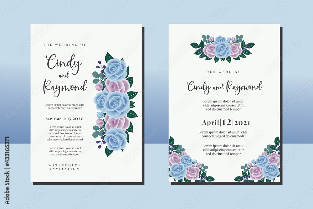 Wedding invitation frame set, floral watercolor hand drawn Blue Rose Flower design Invitation Card Template