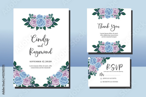 Wedding invitation frame set  floral watercolor hand drawn Blue Rose Flower design Invitation Card Template