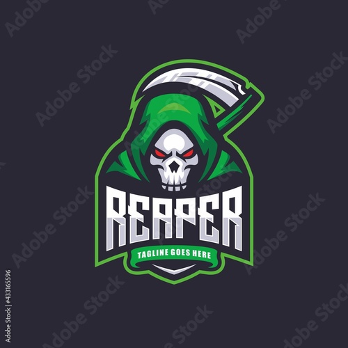 Green Reaper E Sport logo. Skull E Sport vector.