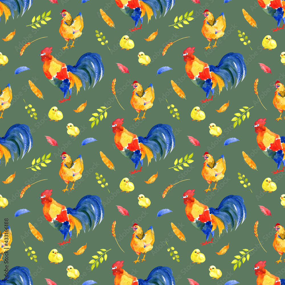 Obraz premium Watercolor pattern chickens and a rooster, rustic retro wallpaper, Rooster symbol of the new year