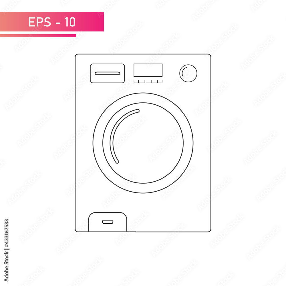 Washing machine in a linear design with a display and convenient operation. Household appliances for the home. On a white background. Flat vector illustration. Washing machine in a linear design with a display and convenient operation. Household appliances for the home. On a white background. Flat vector illustration.