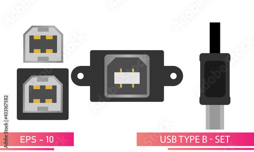 Kit, USB type B. On a white background. Flat vector illustration. photo