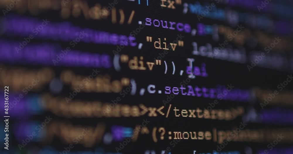 4K Close up shot programming tag code on PC Monitor scroll. Background concept for programming and coding web development.