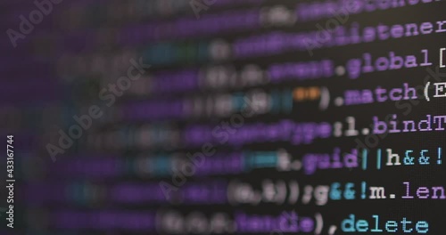 4K Close up shot programming tag code on PC Monitor scroll down. Background concept for programming and coding web development.