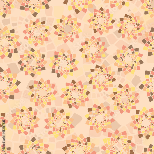 Abstract seamless pattern. Symmetrical ornament in soothing colors: beige, brown, yellow, pink. Vector illustration. 