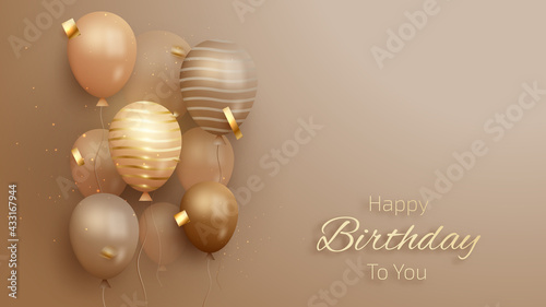 Card happy birthday with luxury balloons and ribbon. 3d realistic style. vector illustration for design.