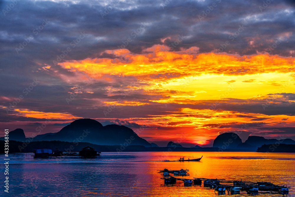 Beautiful landscape in the morning during sunrise at fisherman Sam Chong Tai village , Phang Nga province, Thailand.