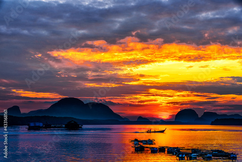 Beautiful landscape in the morning during sunrise at fisherman Sam Chong Tai village , Phang Nga province, Thailand.