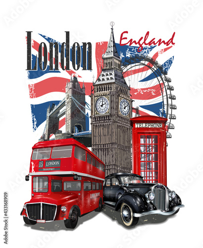 Obrazy Londyn  typografia-londyn-na-mozaice-flagi-i-atrybutow-miasta