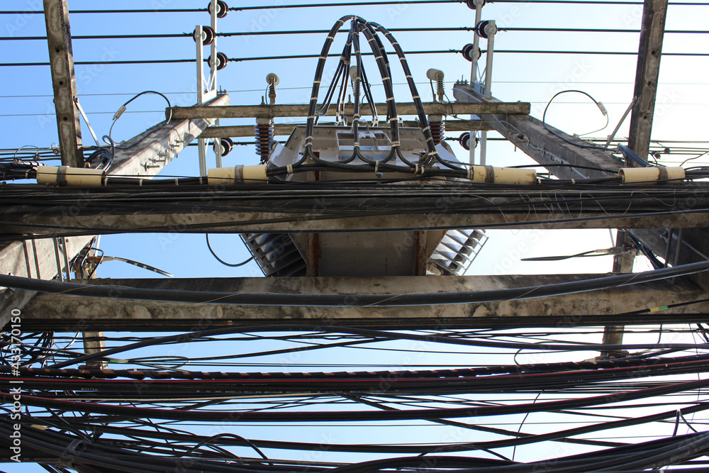 Confusing of telephone wires and internet wires in the city Confusing of telephone wires and internet wires in the city