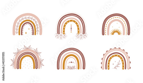Rainbows in boho style with leaves and flowers. Bohemian illustrations for holidays. Scandinavian design for wallpaper and home decor. Modern vector illustration in different color.
