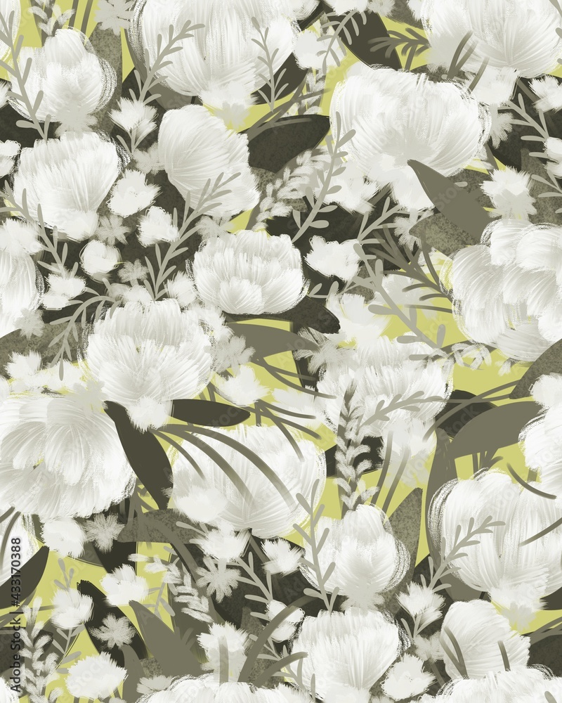 Seamless pattern of a bouquet of flowers and leaves. Botanical illustration. Design of wallpaper, fabrics, textiles, packaging, posters, paper, postcards, home decor, florists, wedding design.