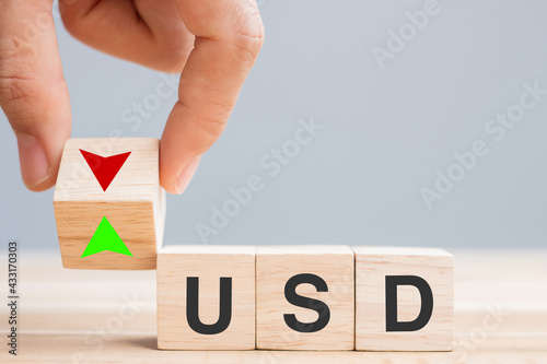 Wallpaper Mural business man Hand change wood cube block with USD ( US Dollar) text to UP and Down arrow symbol icon. Exchange, financial, currency and Cut loss concept Torontodigital.ca