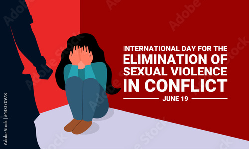 Vector illustration of scared young girl in a corner of the room and a male silhouette, as a banner, poster or template, International Day for the Elimination of Sexual Violence in Conflict. photo