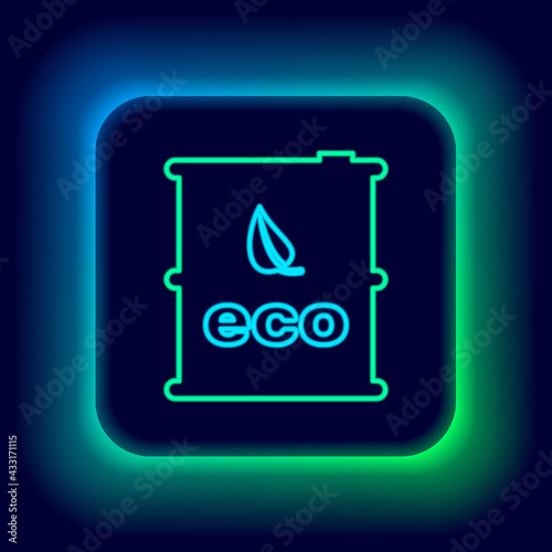 Glowing neon line Bio fuel barrel icon isolated on black background. Eco bio and canister. Green environment and recycle. Colorful outline concept. Vector