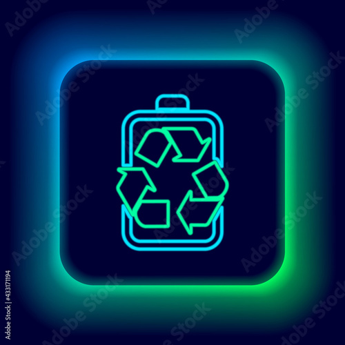 Glowing neon line Battery with recycle symbol line icon isolated on black background. Battery with recycling symbol - renewable energy concept. Colorful outline concept. Vector