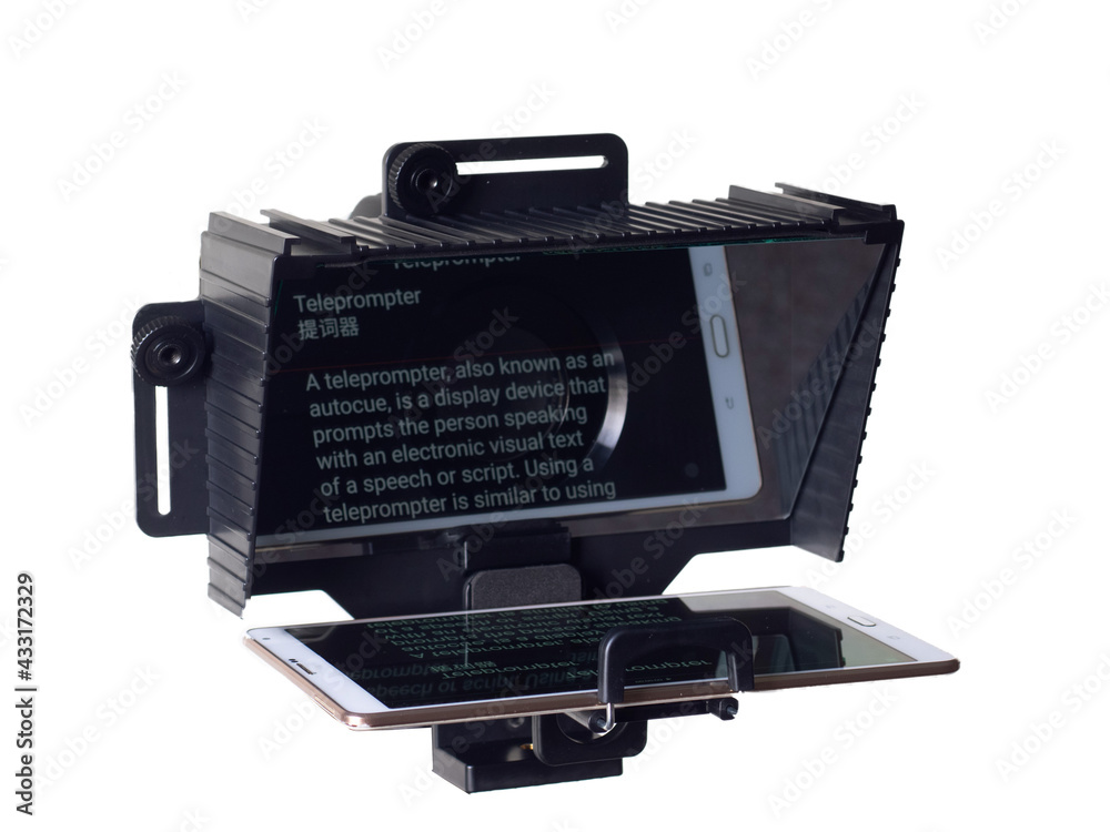 Teleprompter with a tablet with text, tool for script reading, video producers Teleprompter with a tablet with text, tool for script reading, video producers
