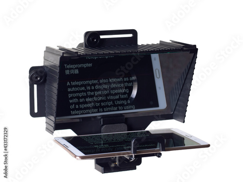 Teleprompter with a tablet with text, tool for script reading, video producers photo
