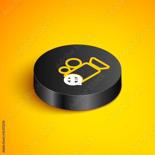 Isometric line Video camera with screwdriver and wrench icon isolated on yellow background. Adjusting, service, setting, maintenance, repair, fixing. Black circle button. Vector