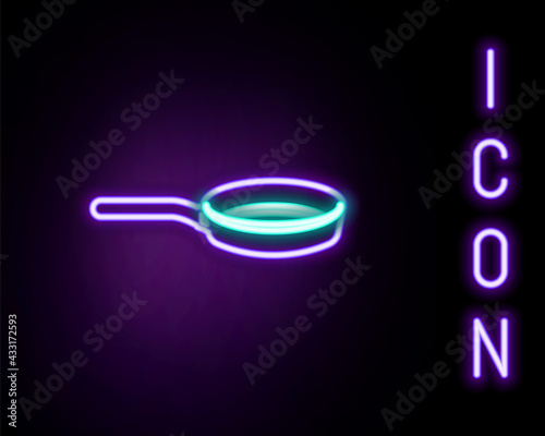Glowing neon line Frying pan icon isolated on black background. Fry or roast food symbol. Colorful outline concept. Vector
