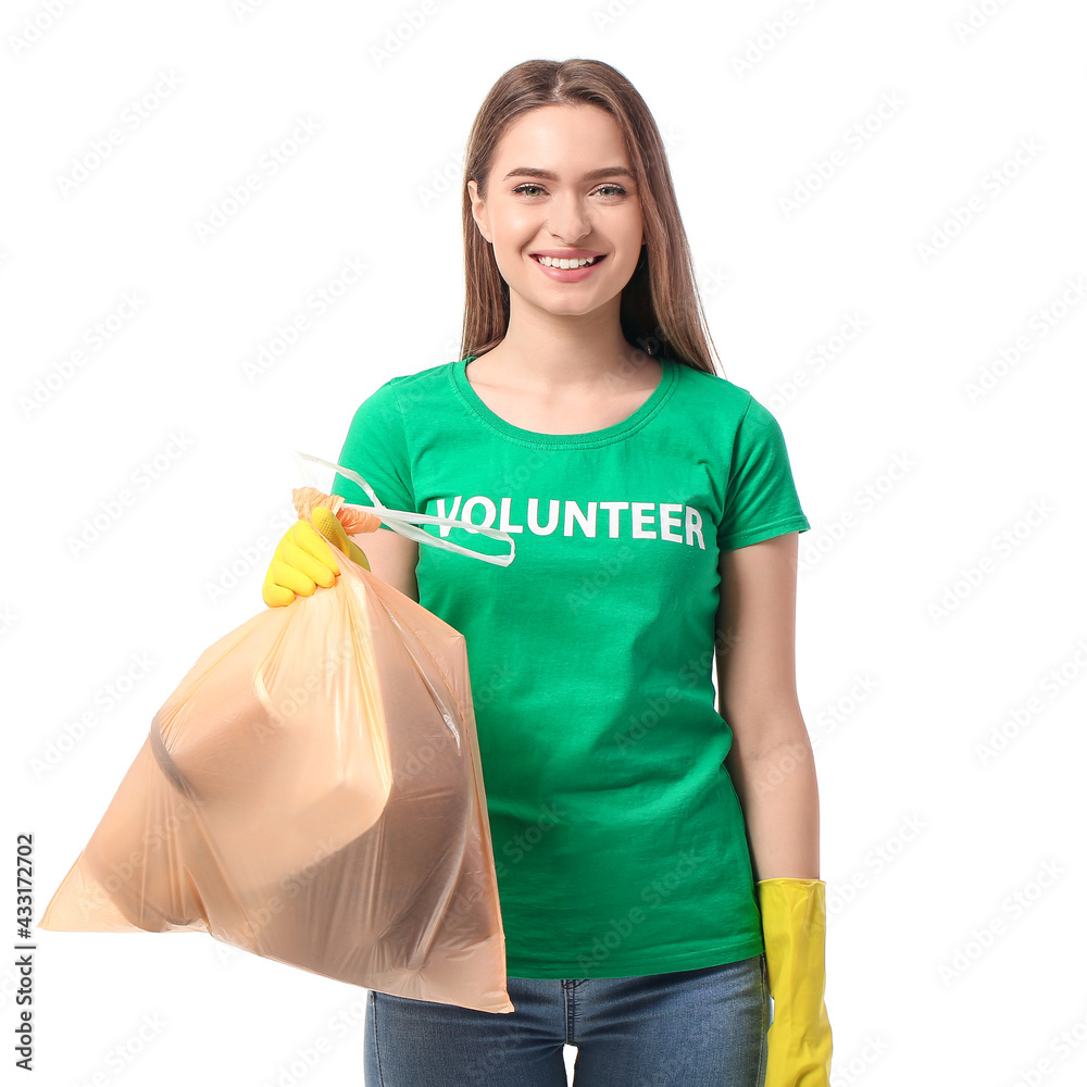 Female volunteer with garbage bag on white background Female volunteer with garbage bag on white background