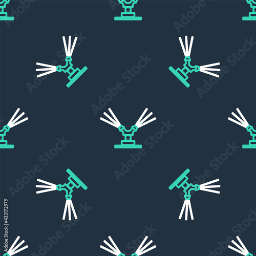Line Automatic irrigation sprinklers icon isolated seamless pattern on black background. Watering equipment. Garden element. Spray gun icon. Vector