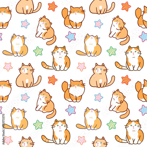 Seamless Pattern of Cartoon Cat Illustration and Star Design on White Background