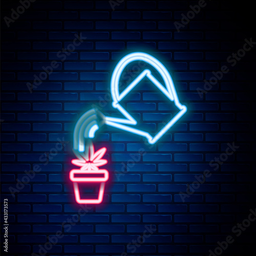 Glowing neon line Watering can sprays water drops above marijuana or cannabis plant in pot icon isolated on brick wall background. Marijuana growing concept. Colorful outline concept. Vector
