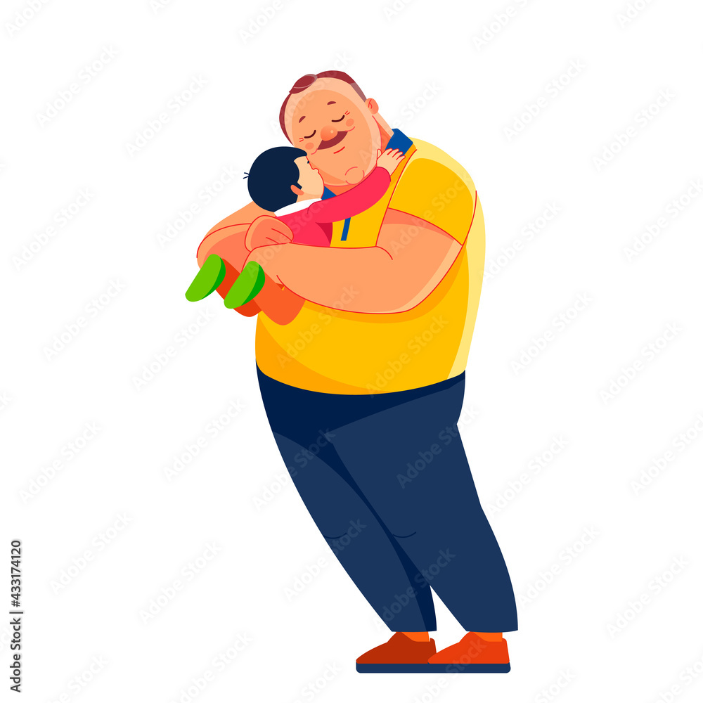 Happy old grandfather with little grandson. Senior man smiling grandson gently hugging him relax. Family love children retirement vitality lifestyle parenting. Cartoon vector illustration