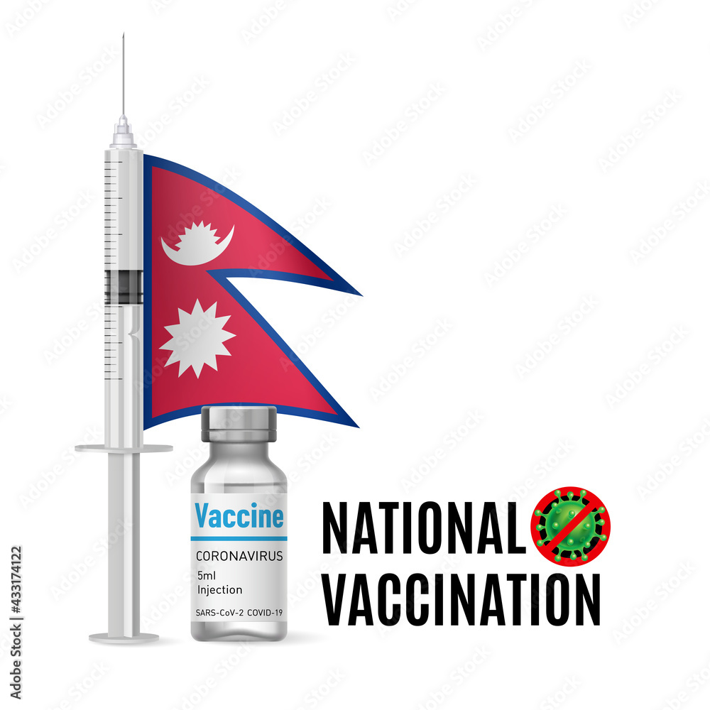 Flag of Nepal with Vaccine Immunization Syringe and the Vial of