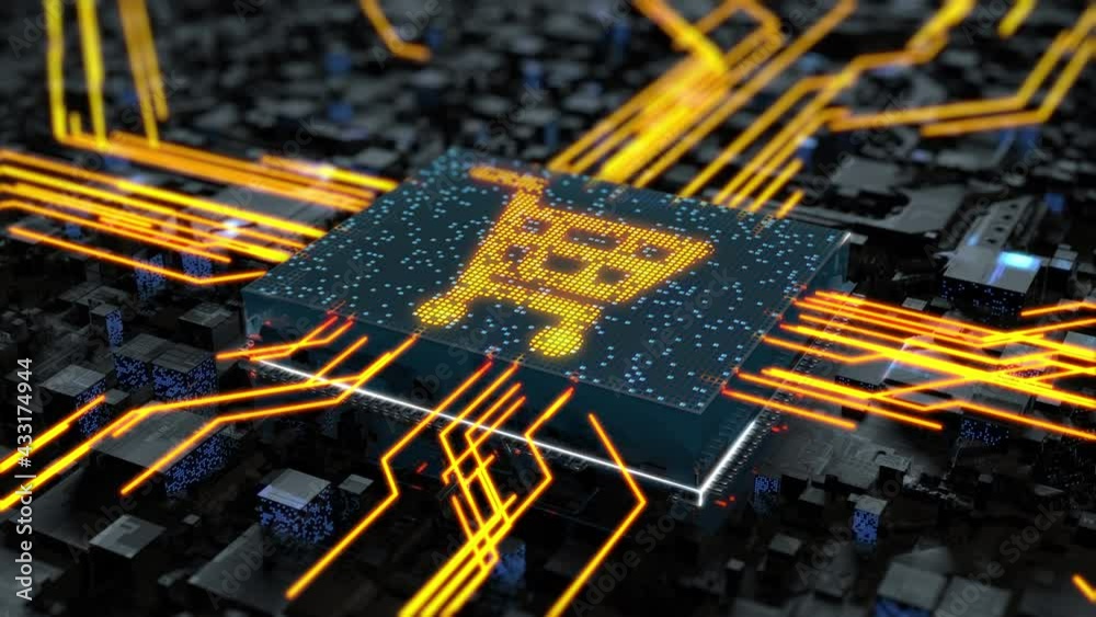 Presentation of global online shopping in an abstract city or an electronic circuit board chip. A central processor in the form of a shopping cart symbol and an online store.