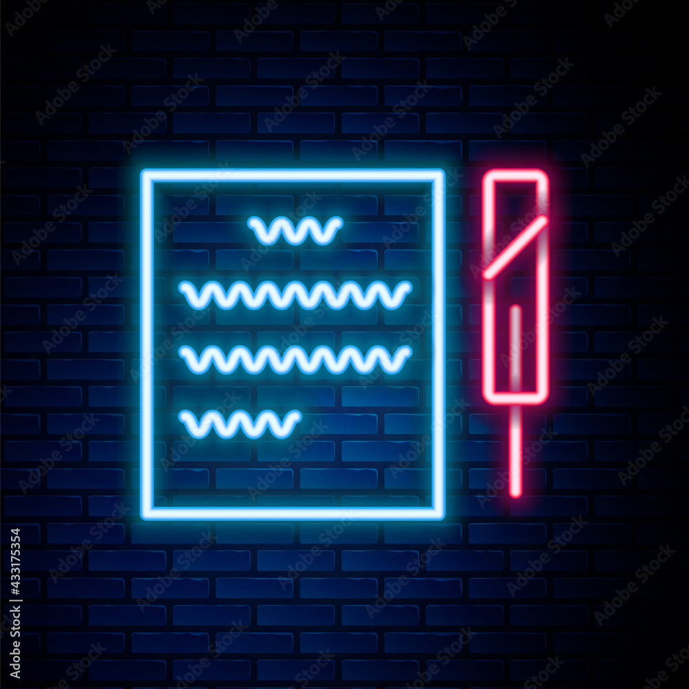 Obraz premium Glowing neon line Feather pen and paper scroll icon isolated on brick wall background. Colorful outline concept. Vector