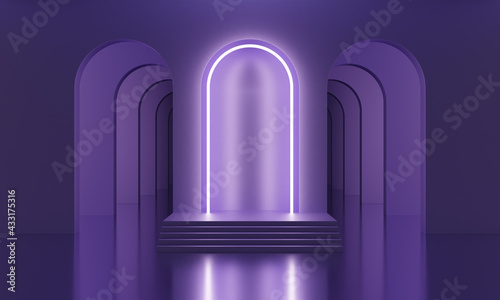 3D mock up podium in a purple empty room with arches and neon lilac lighting. Abstract minimalistic bright trendy background for product presentation. Modern platform in mid century style.