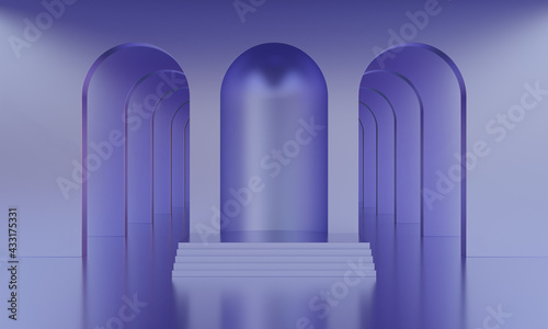 3D mock up podium in empty abstract minimalistic purple room with arches for product presentation. Stylish modern platform in mid century style in a lilac color palette. 3D render