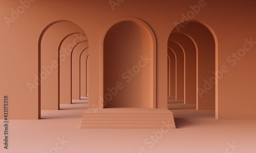 3D mock up podium in empty abstract minimalistic terracotta room with arches for product presentation. Stylish modern platform in mid century style in an earthy or burnt orange palette. 3D render