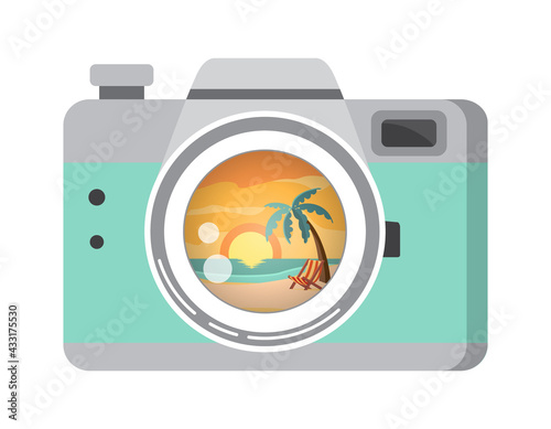 Vector illustration of a photo camera with a reflection of the beach landscape in lens. Beach, palm tree, chair, sea and sun reflected in lens. The concept of beach vacation.