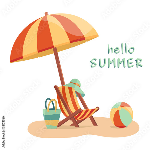 Vector illustration of a summer beach. Chair, umbrella, hat, bag and ball on the sand. The concept of beach vacation.