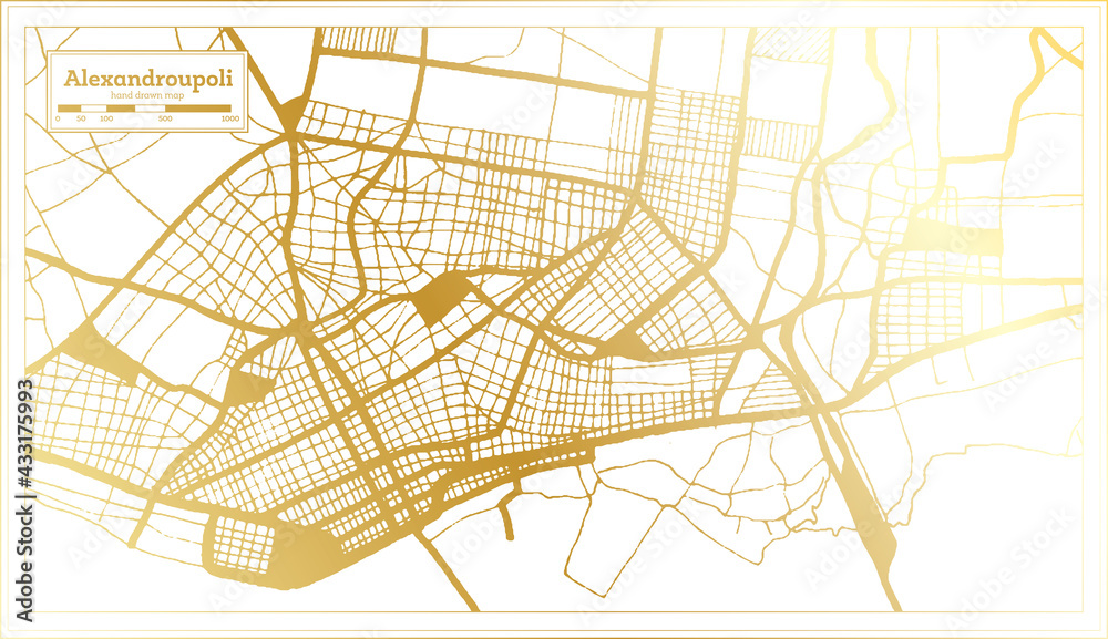 Alexandroupoli Greece City Map in Retro Style in Golden Color. Outline Map.