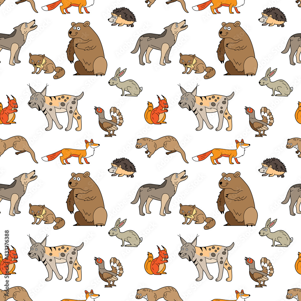 Obraz premium Endless texture with cute funny animals living in north forest. Seamless pattern with bear, fox and wolf for kid design