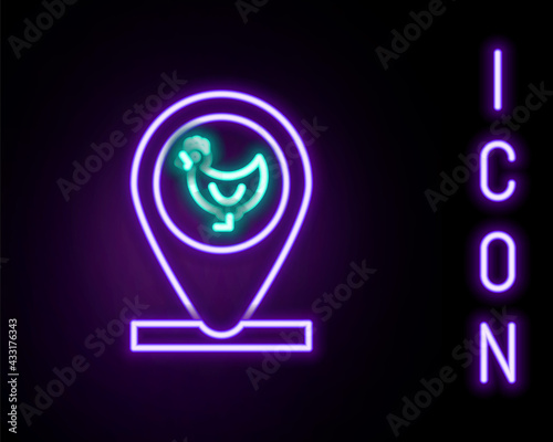 Glowing neon line Chicken farm and location icon isolated on black background. Colorful outline concept. Vector